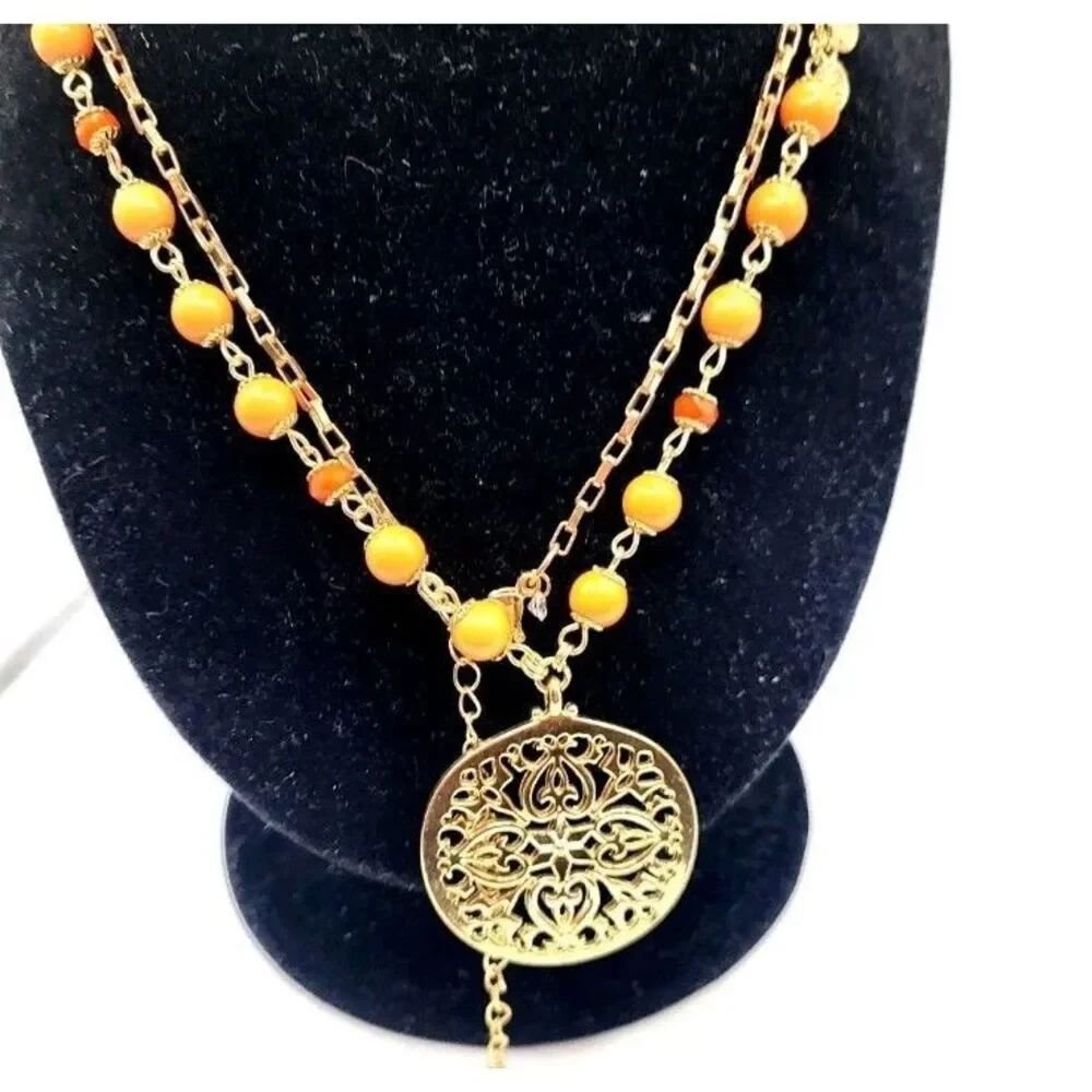 Retro 70s Bohemian Gold Floral Pendant with Orange Beaded Chain 33in